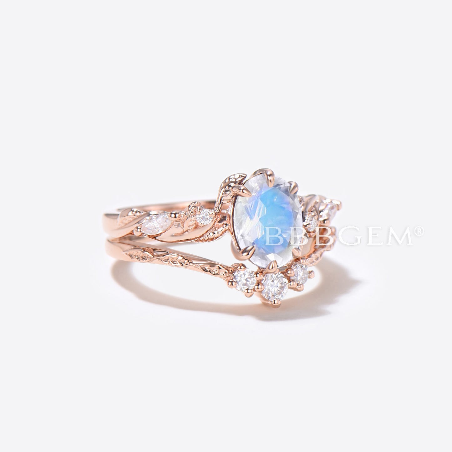 Oval Cut Moonstone Engagement Ring Rose Gold Leaf Diamond Bridal Set