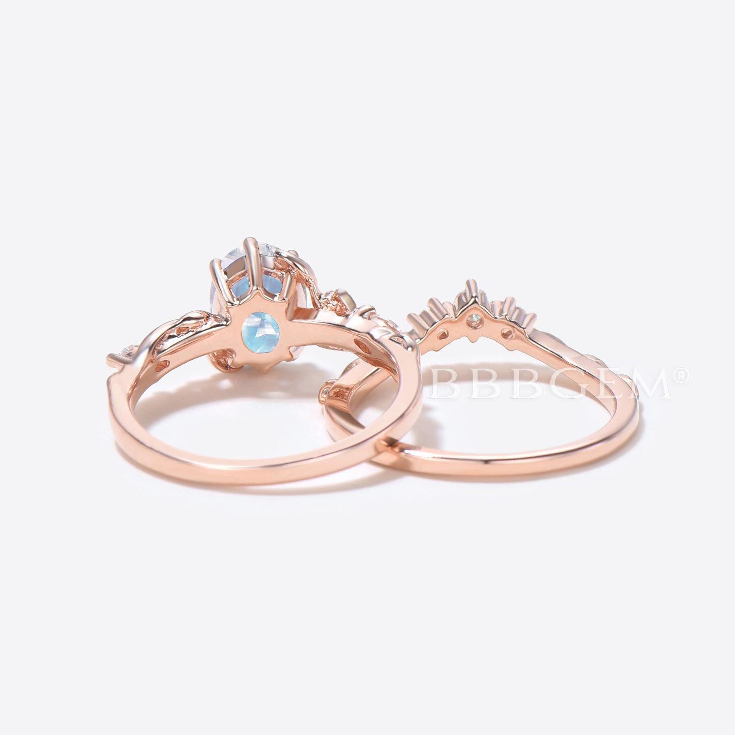 Oval Cut Moonstone Engagement Ring Rose Gold Leaf Diamond Bridal Set