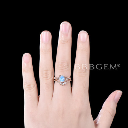 Oval Cut Moonstone Engagement Ring Rose Gold Leaf Diamond Bridal Set