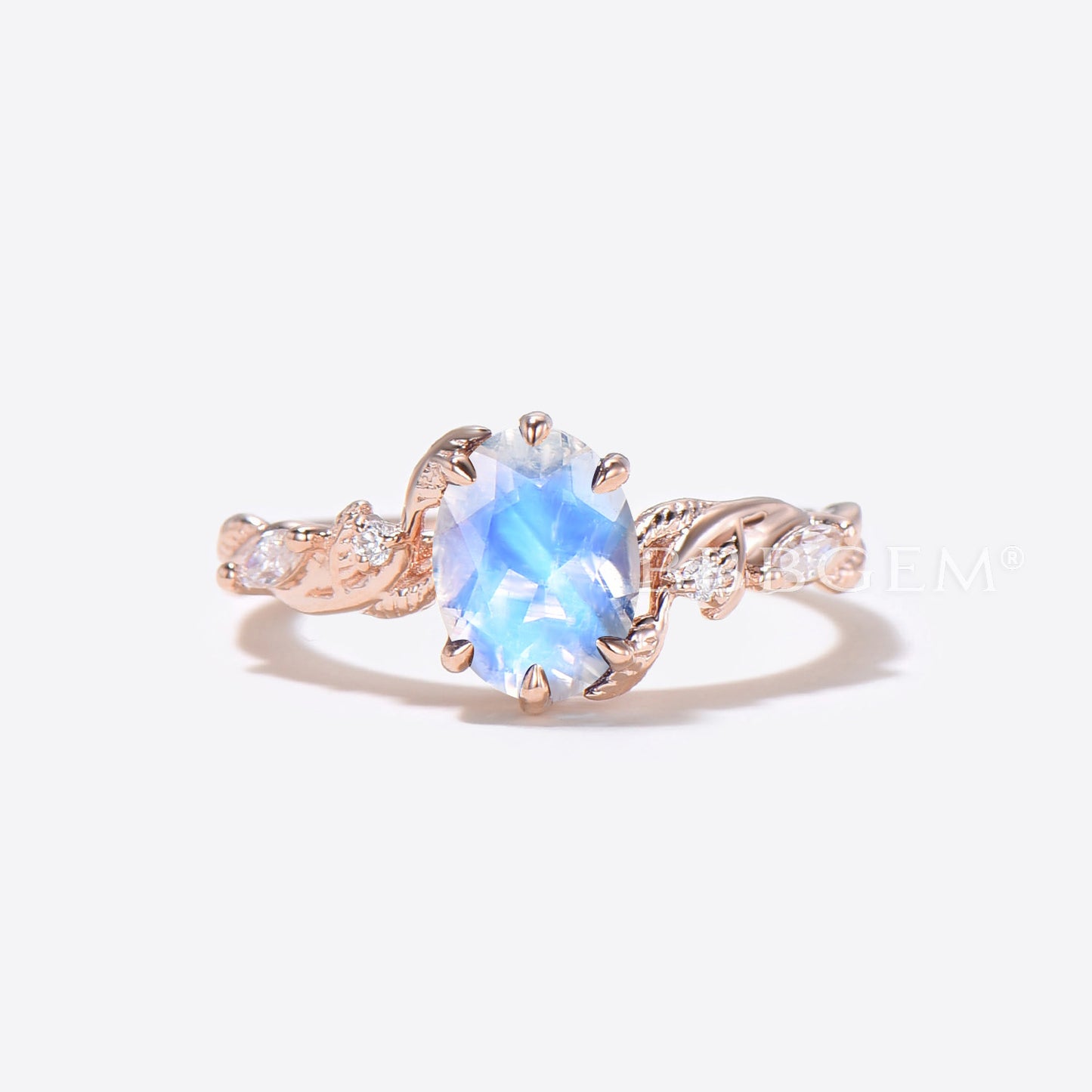 Oval Cut Moonstone Engagement Ring Rose Gold Leaf Diamond Bridal Set