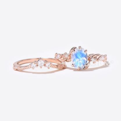 Oval Cut Moonstone Engagement Ring Rose Gold Leaf Diamond Bridal Set