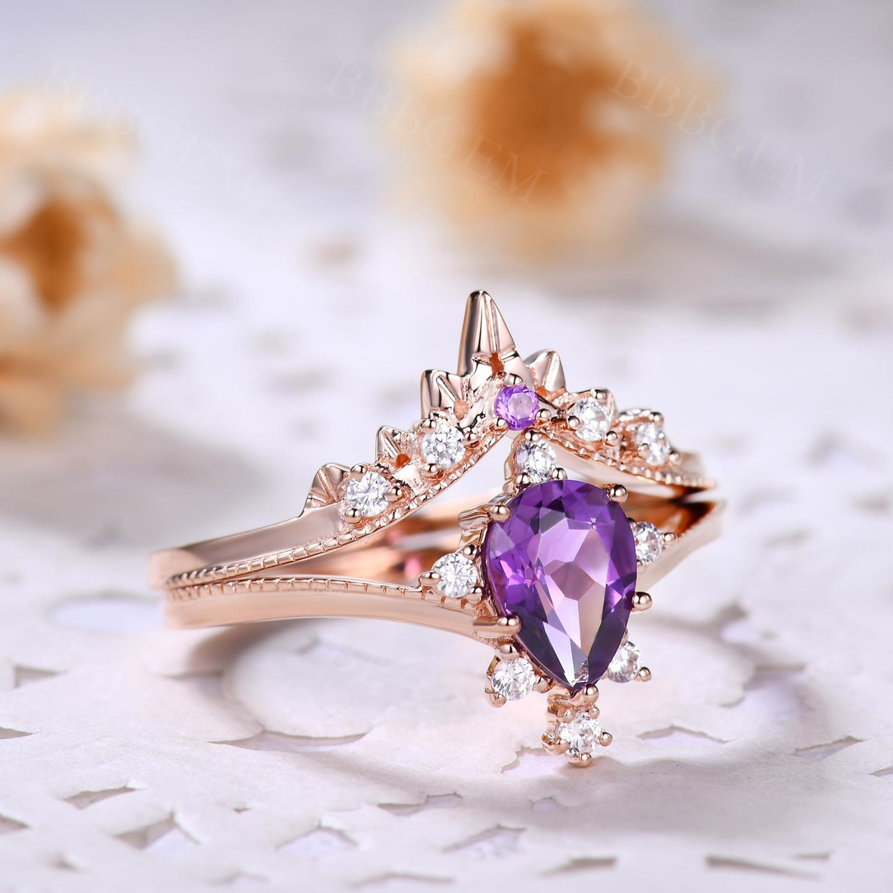 Natural Amethyst Purple Crystal Ring Set 2 Pieces Pear Cut Shaped Band Wedding Ring 14k Pink Gold