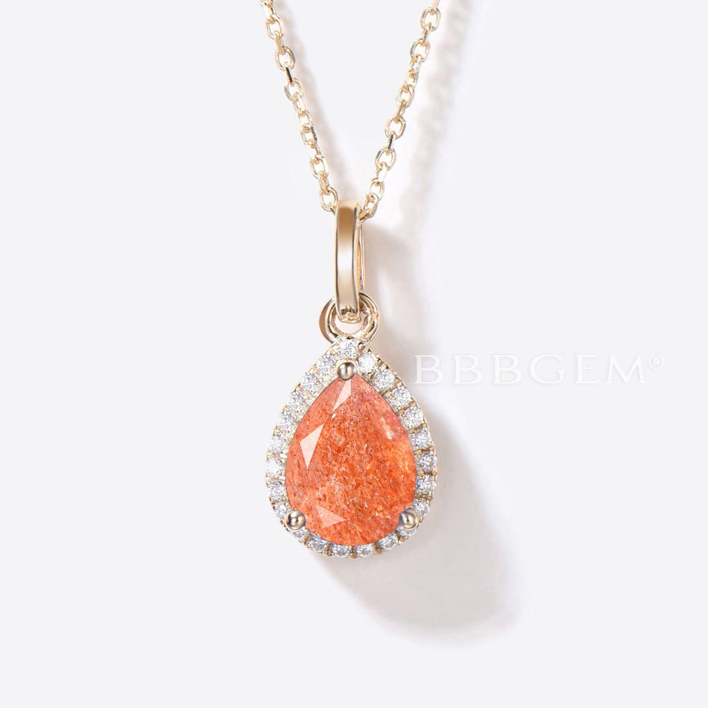 Pear Shaped Sunstone Necklace 14k Gold Diamond Halo Wedding Pendant