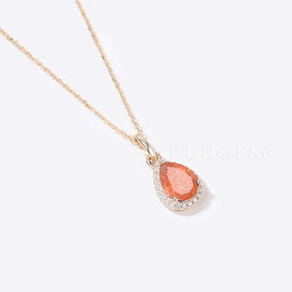 Pear Shaped Sunstone Necklace 14k Gold Diamond Halo Wedding Pendant