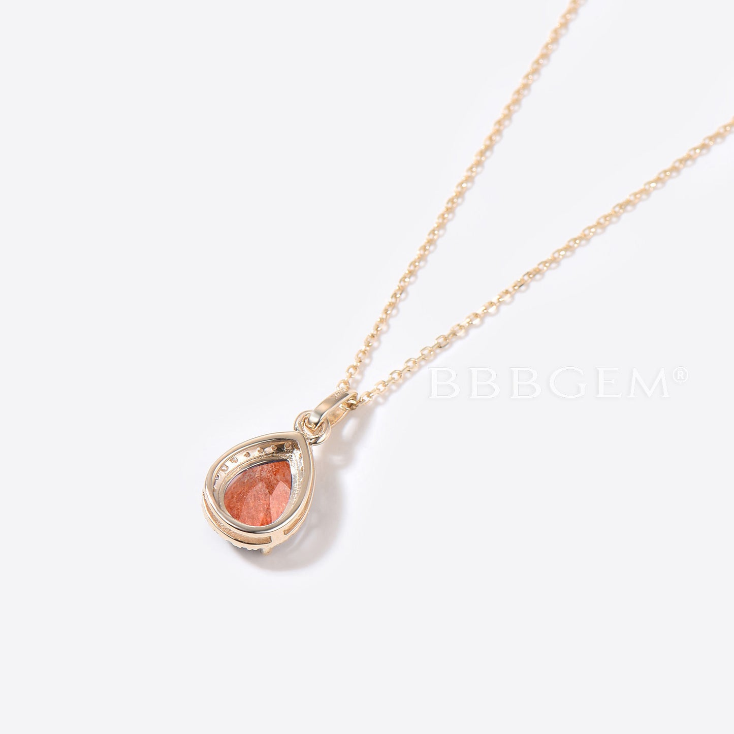 Pear Shaped Sunstone Necklace 14k Gold Diamond Halo Wedding Pendant