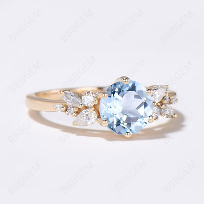 10K/14K Gold Round Natural Aquamarine Cluster Wedding Ring