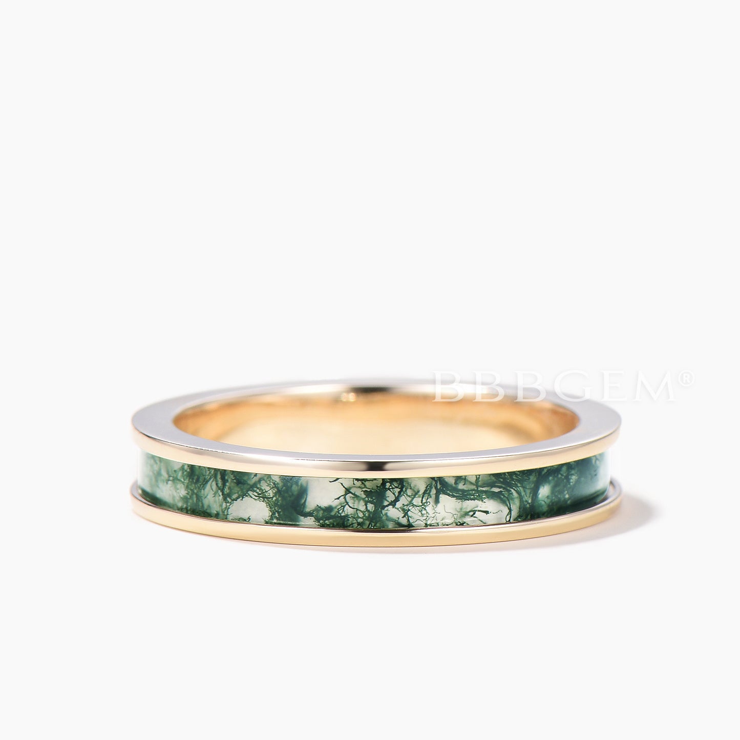 7mm Natural Moss Agate Men’s Wedding Band Full Eternity Bezel Yellow Gold Ring