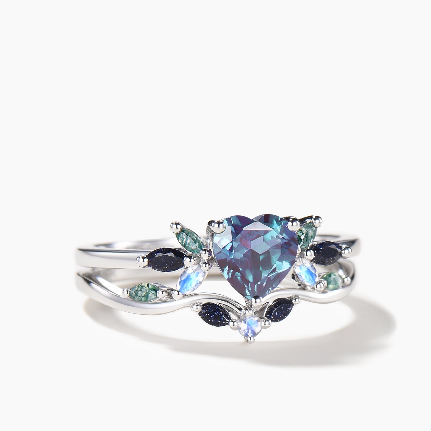 Heart Cut Color-change Alexandrite Wedding Ring Multi-gemstones Cluster Ring Set