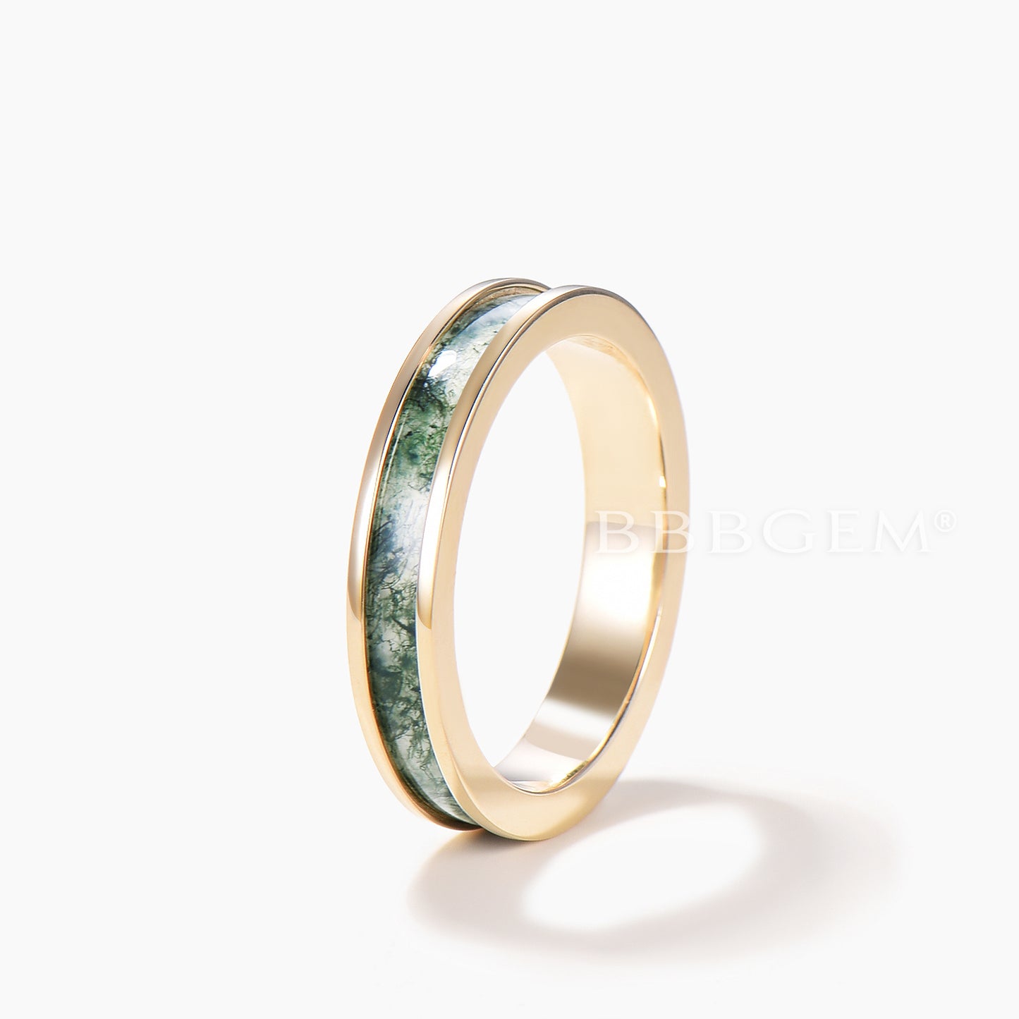 7mm Natural Moss Agate Men’s Wedding Band Full Eternity Bezel Yellow Gold Ring