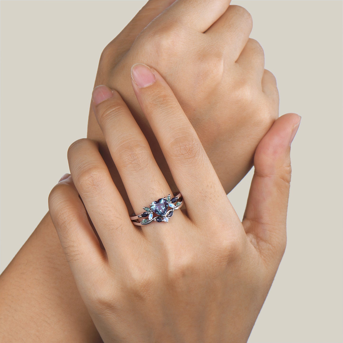Heart Cut Color-change Alexandrite Wedding Ring Multi-gemstones Cluster Ring Set