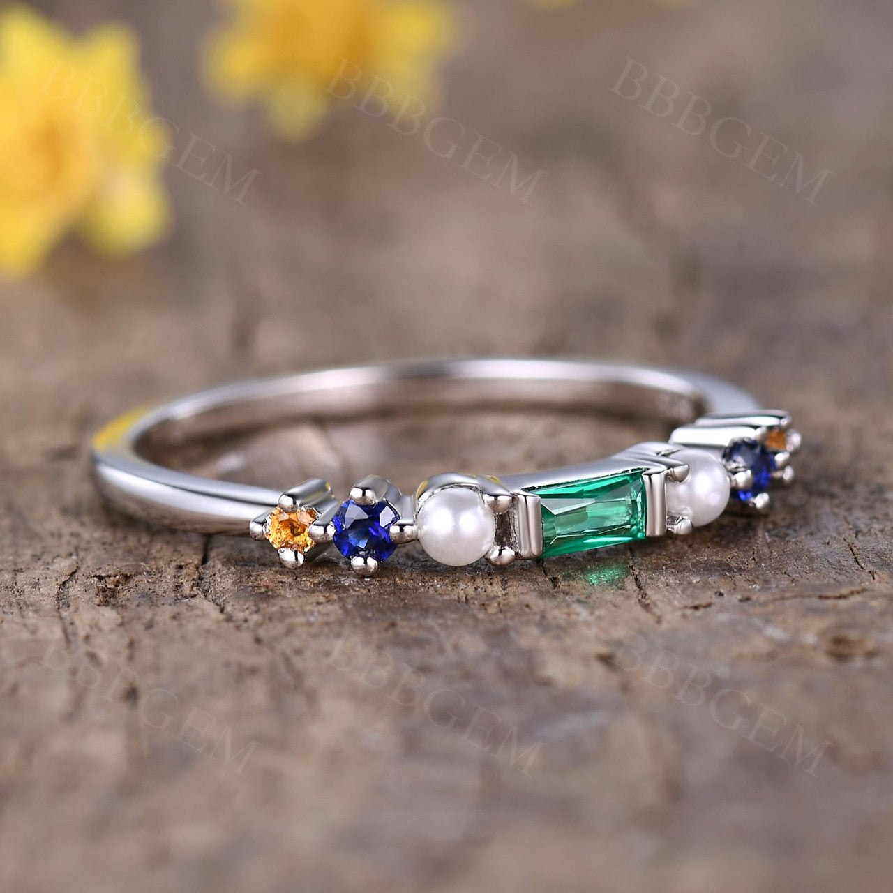 Baguette Emerald and Pearl Wedding Band Rainbow Color BBBGEM