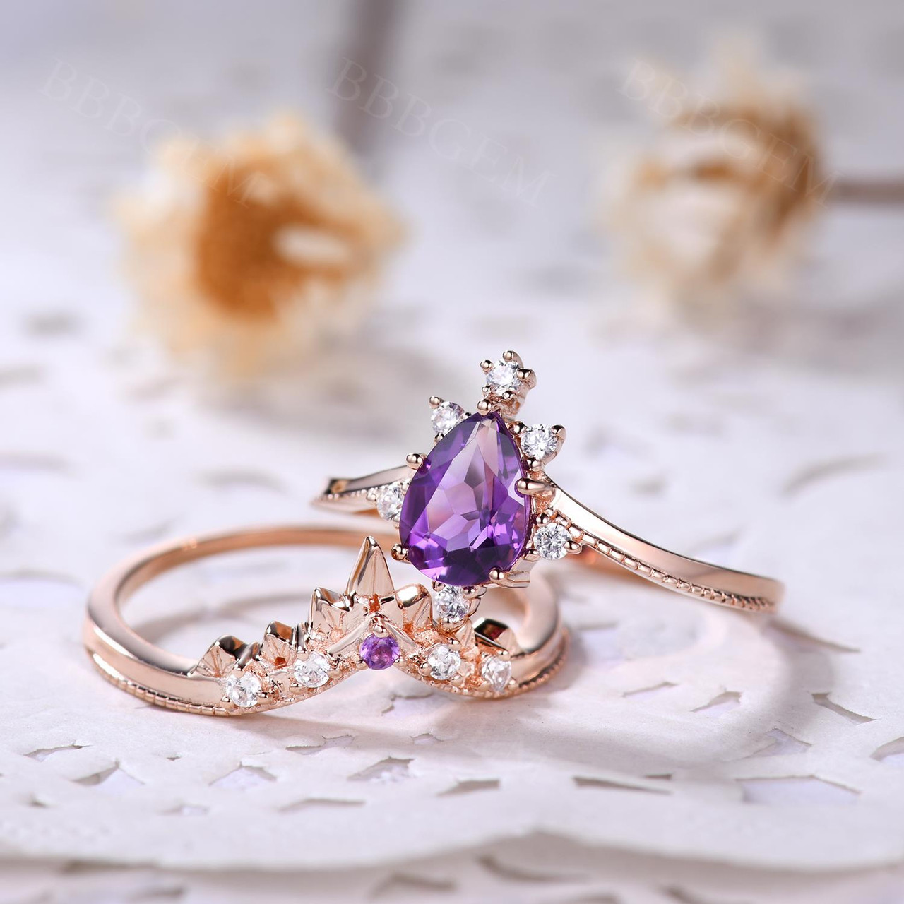 Natural Amethyst Purple Crystal Ring Set 2 Pieces Pear Cut Shaped Band Wedding Ring 14k Pink Gold