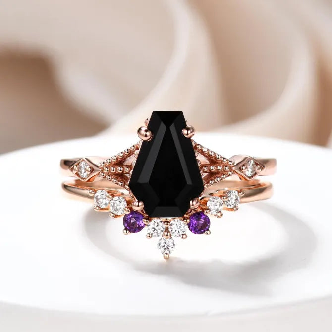 Vintage Coffin Cut Black Onyx and Amethyst Ring Set Unique 9x6mm Coffin Black Spinel Jewelry Set