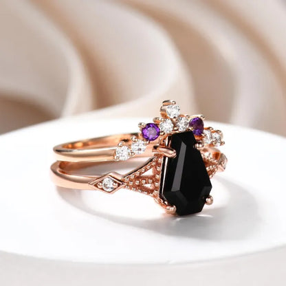 Vintage Coffin Cut Black Onyx and Amethyst Ring Set Unique 9x6mm Coffin Black Spinel Jewelry Set