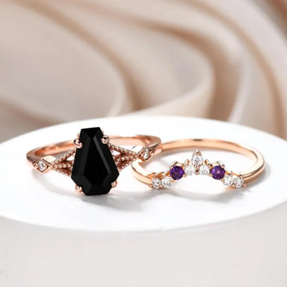 Vintage Coffin Cut Black Onyx and Amethyst Ring Set Unique 9x6mm Coffin Black Spinel Jewelry Set