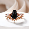 Coffin Cut Black Spinel Engagement Ring Set With Diamond Milgrain Curve Band Gold Ring