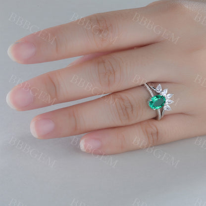 Emerald Engagement Set CZ Curved Stacking Band Bridal Ring Set