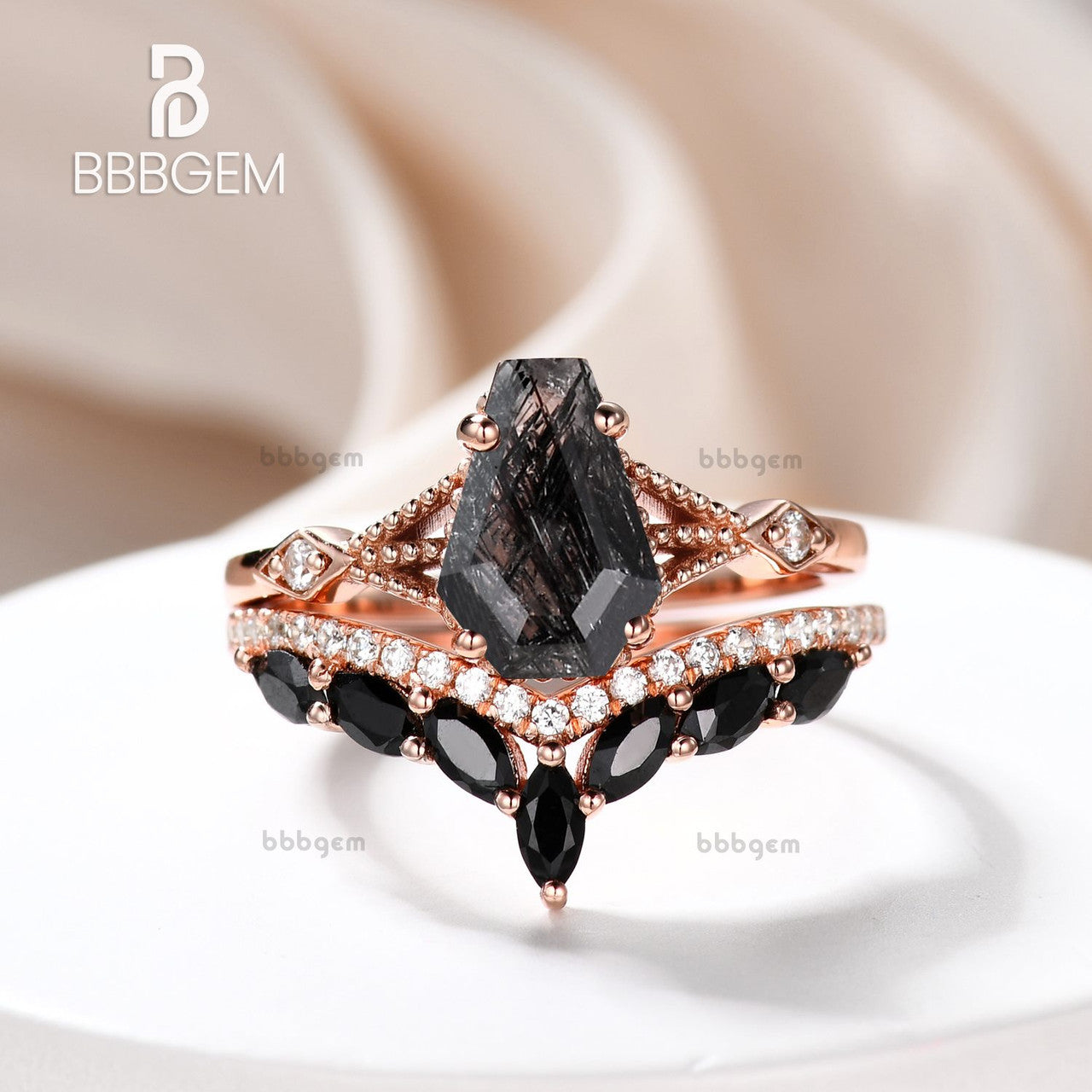 coffin black rutilated quartz engagement ring set