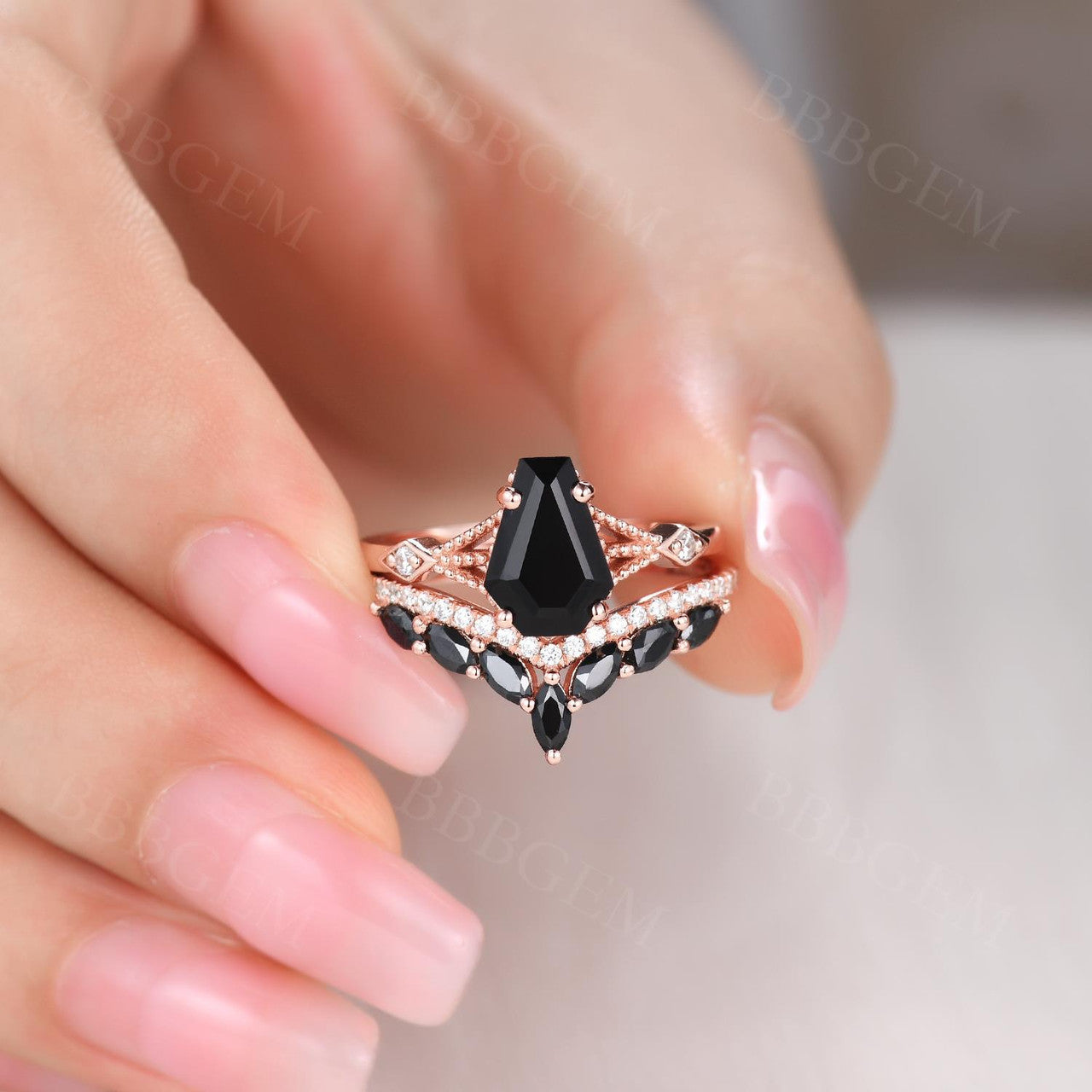 14K Rose God Black Spinel Engagement Ring Set Coffin Shaped BBBGEM