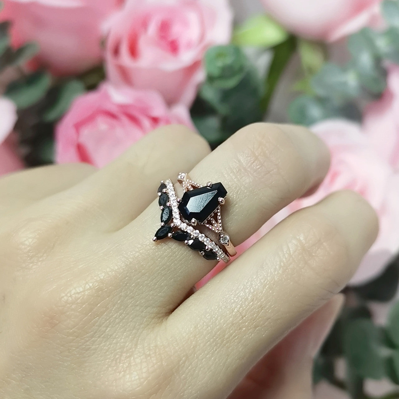 Gothic Coffin Shaped Wedding Set Black Onyx 14k Gold Ring & Marquise Cut Black Spinel Ring