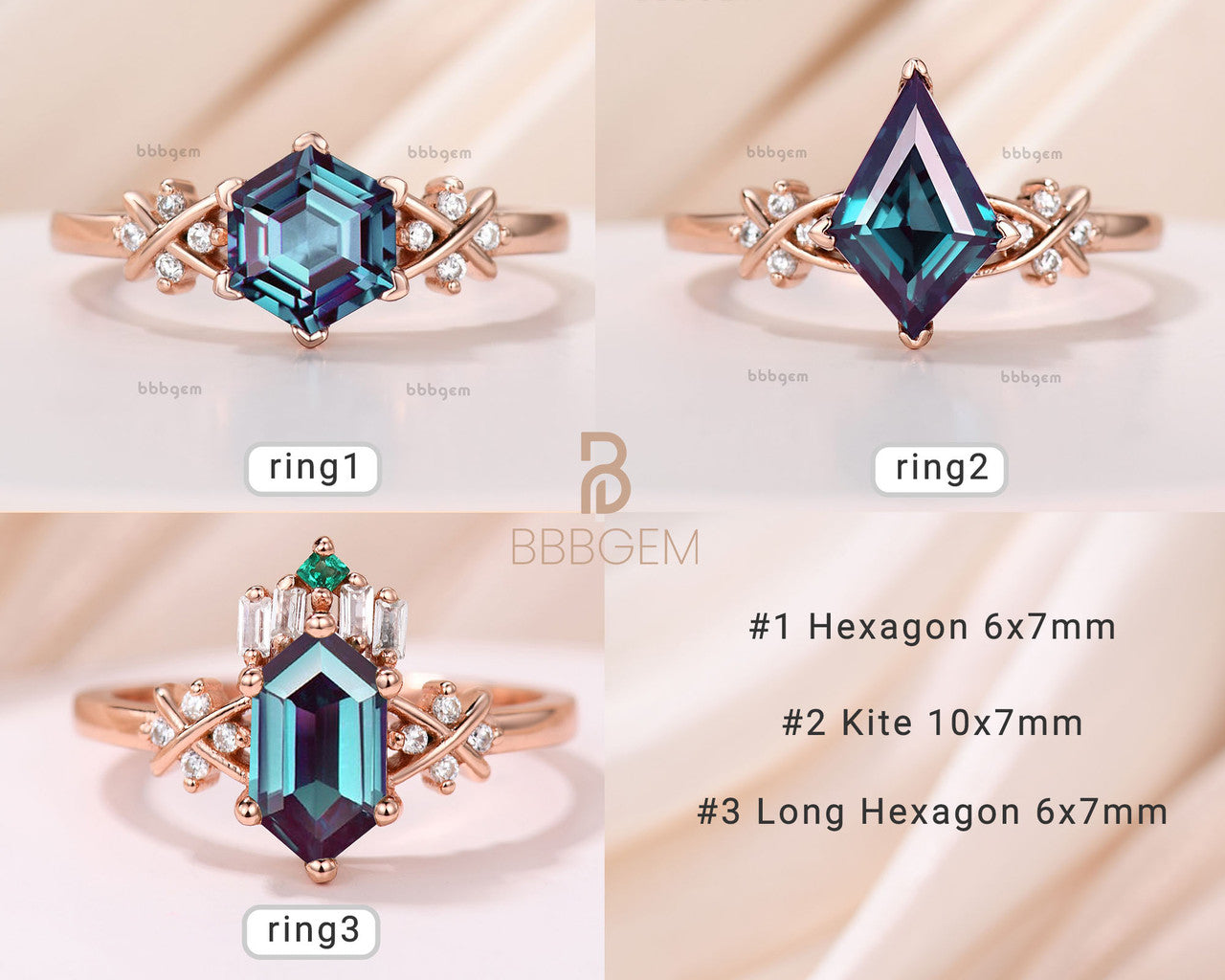 Hexagon Cut Lab Alexandrite Vintage Bridal Ring Set Anniversary Gift 14K Rose Gold Kite Cut Alexandrite Engagement Ring