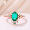 Unique Long Hexagon Cut Lab Emerald 14K Rose Gold Diamond Emerald Engagement Ring Vintage Hexagon Cut Emerald Ring