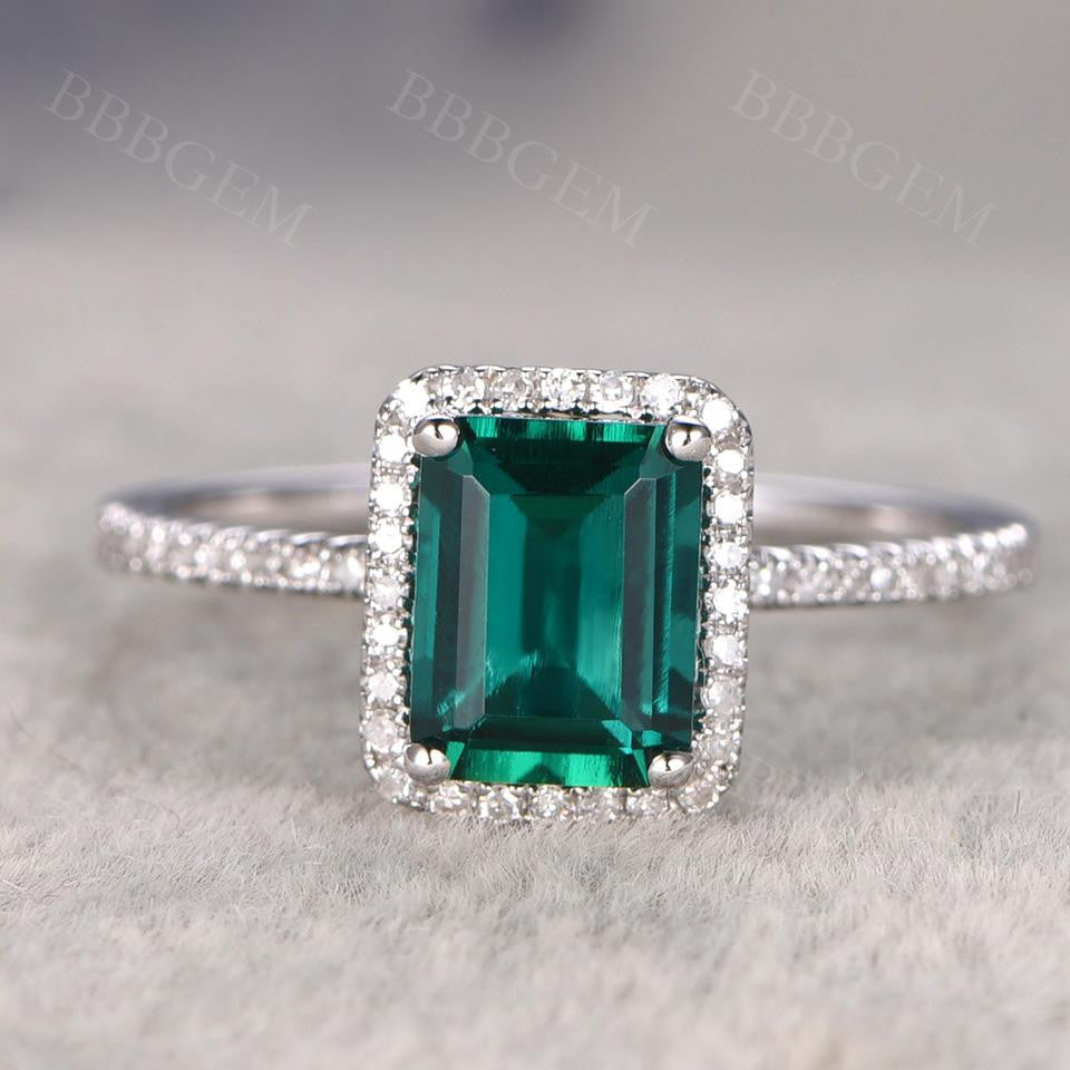 Emerald Shaped Engagement Rings-BBBEGEM Diamond Halo Emerald  Engagement Rings