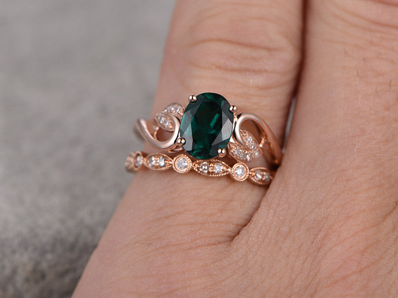 1.2 Carat Emerald Engagement Ring Set Diamond Matching Band Rose Gold Vintage Flower Stacking 14K/18K