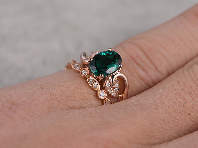 1.2 Carat Emerald Engagement Ring Set Diamond Matching Band Rose Gold Vintage Flower Stacking 14K/18K