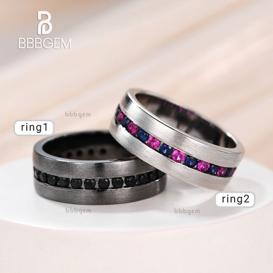 7mm Gemstone Wedding Ring Band Satin Finish Channel Band Couple Ring Men's And Women's Ring