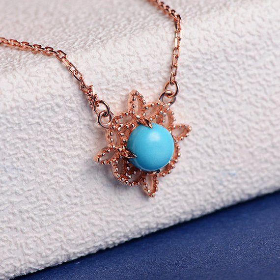 Flower Necklace Sleeping Beauty Turquoise Rose Gold Charm Necklace Leaf Marquise Milgrain Dainty Solitaire Anniversary Mothers Day Gift