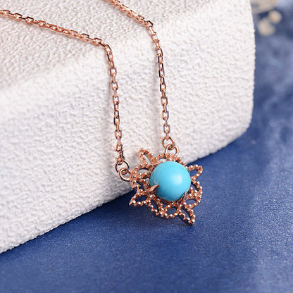 Flower Necklace Sleeping Beauty Turquoise Rose Gold Charm Necklace Leaf Marquise Milgrain Dainty Solitaire Anniversary Mothers Day Gift