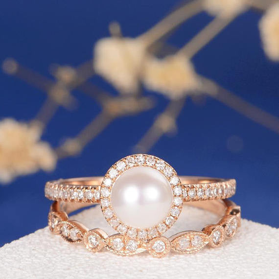 pearl and diamond wedding ring set