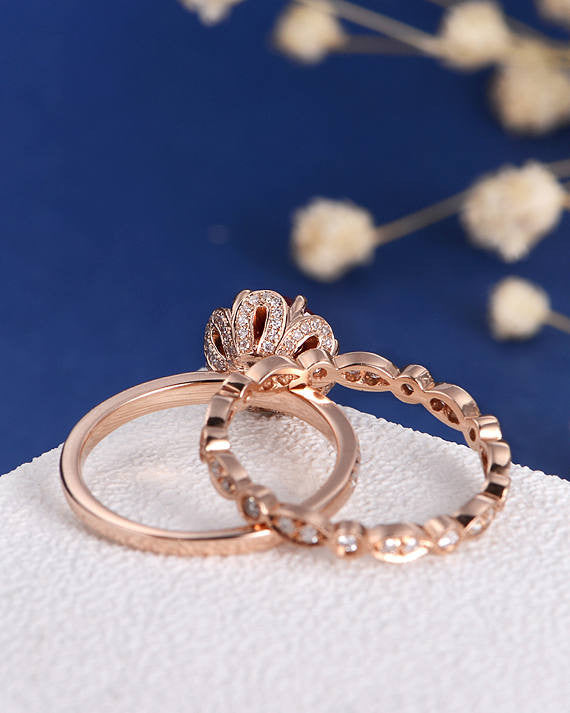 Rose Gold Bridal Set Lab Ruby Engagement Ring Flower Art Deco Wedding Band Women Antique Eternity Diamond Stacking Anniversary Birthstone