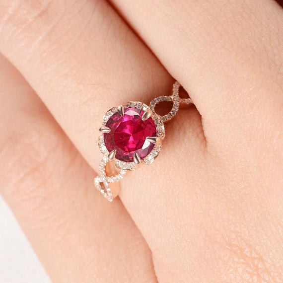 Antique Rose Gold Engagement Ring Lab Ruby Wedding Bridal Infinity Diamond Flower Art Deco Birthstone Unique Women Anniversary Promise Gift