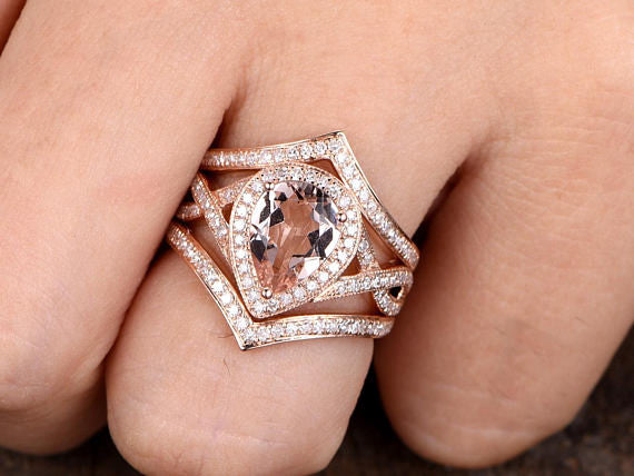 Morganite Wedding Sets-BBBGEM Pear Shaped Morganite Ring