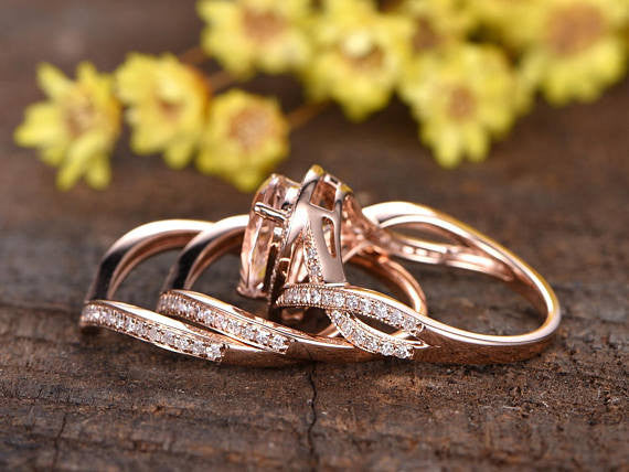 Rose Gold Morganite Wedding Set-BBBGEM Pear Shaped Morganite Ring