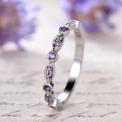 Amethyst Marquise shape Wedding Bands women,14K White Gold engagement ring,Half Eternity bridal ring,promise ring,aniversary ring for her