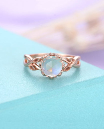 Milgrain Leaf  Moonstone engagement ring Rose gold