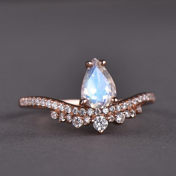 Moonstone Engagement Ring Unique Rose Gold CZ Diamond Art Deco-BBBGEM moonstone rose gold ring