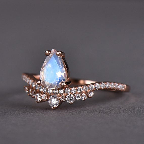 Moonstone Engagement Ring Unique Rose Gold CZ Diamond Art Deco