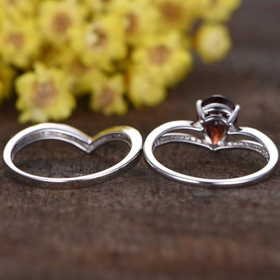 Pear Shaped Garnet Wedding Set-Natural Garnet Shaped Band Bridal Ring Set-18K White Gold Red Garnet Engagement Ring Set Two Pieces