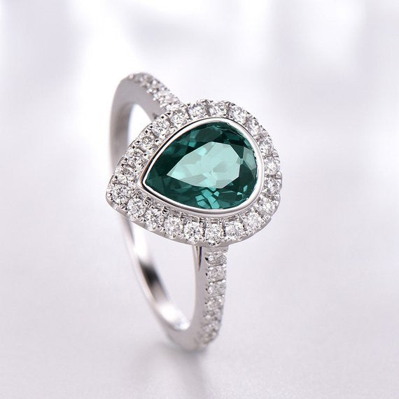 pear halo alexandrite engagement ring-women lab alexandrite white gold ring