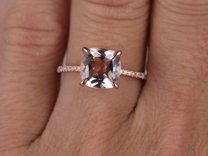 8mm Cushion Morganite Engagement Ring Diamond Wedding Ring 14k Rose Gold Claw Prongs Curved Basket Under