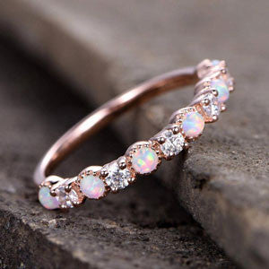 Vintage Opal Diamond Wedding Ring Rose Gold-BBBGEM Half Eternity Opal and Diamond Wedding Band