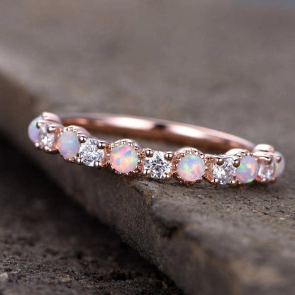 Matching Opal Wedding Bands-BBBGEM Half Eternity Opal and Diamond Wedding Band