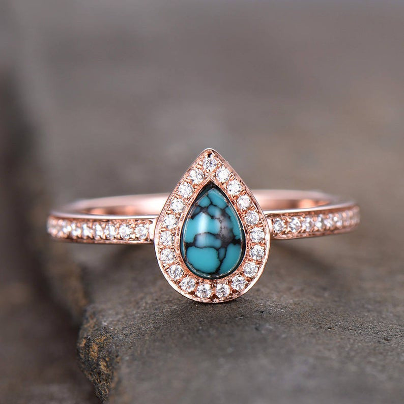 Pear Shaped Halo Turquoise Engagement Ring-BBBEGM Pear Halo Turquise Wedding Ring