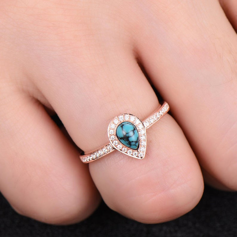 Pear Shaped Halo Turquoise Engagement Ring-BBBEGM Pear Halo Turquise Wedding Ring