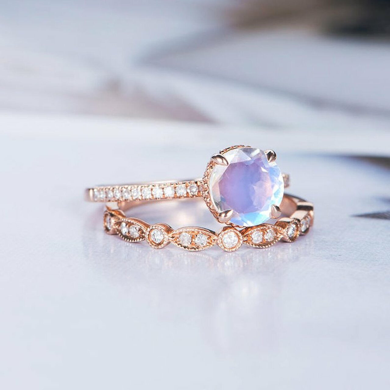 14k Rose Gold Moonstone Engagement Ring Sets