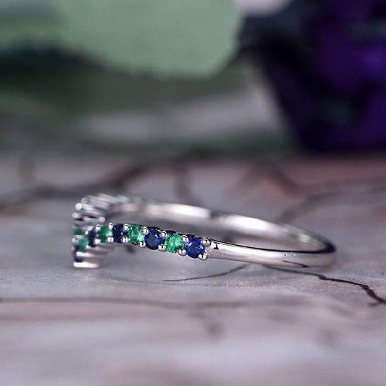 Natural Emerald & Sapphire Wedding Band,14k White Gold,Curved V,Anniversary,Promise ring,Half Eternity,Stackable,Bar Setting,Gift for her